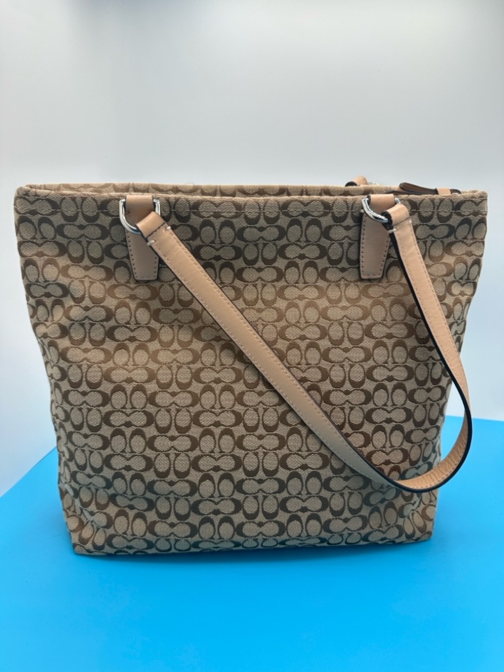 Coach Signature Canvas Tote with Red Stripe and Tan Leather Trim - Picture 3 of 7